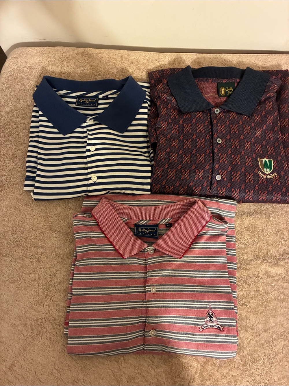 Bobby Jones lot of 3 XXL Men's Mixed Stripe Polo Trio - Navy, Maroon, Red